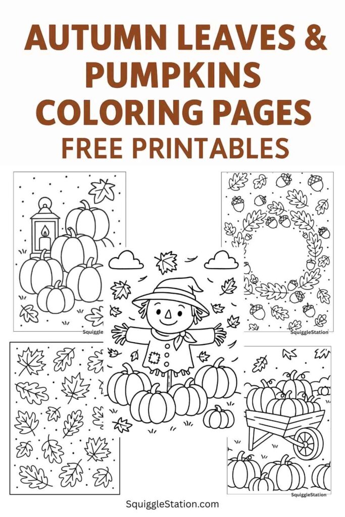 Autumn leaves and pumpkins coloring pages free printables – fall harvest coloring sheets for kids and adults.