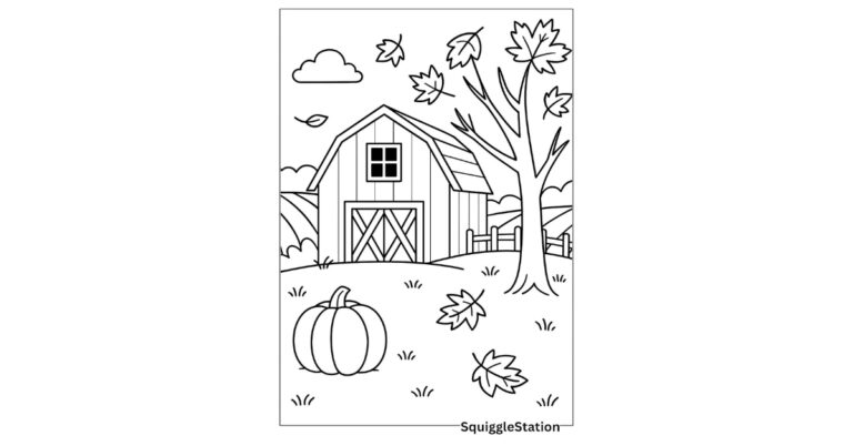 Barn in autumn coloring page with rustic barn, pumpkins, and leaves – free printable fall sheet.