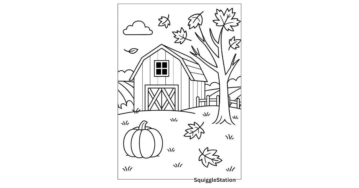 Barn in autumn coloring page with rustic barn, pumpkins, and leaves – free printable fall sheet.