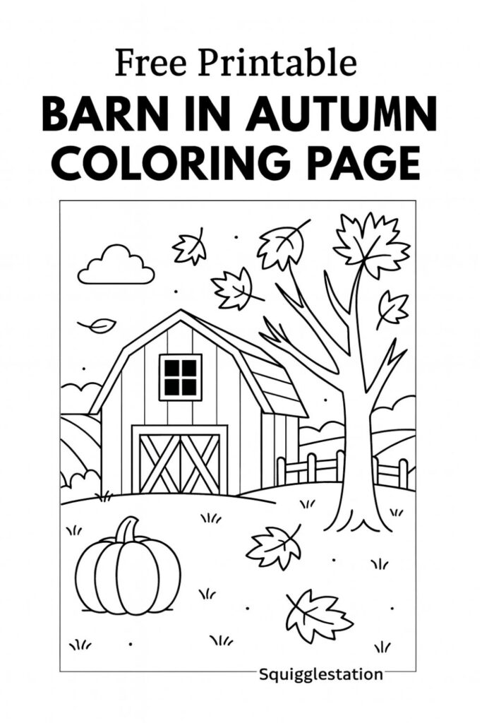 Free printable Barn in Autumn Coloring Page featuring a cozy farm scene with pumpkins and falling leaves.