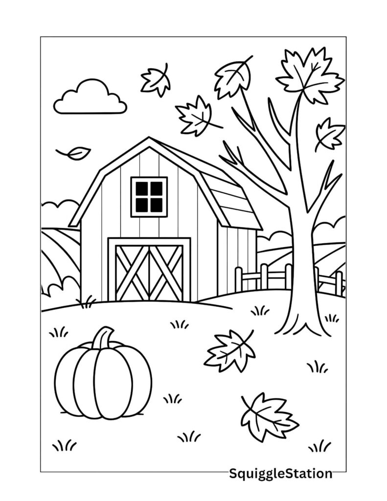 Barn in Autumn coloring page with pumpkins and leaves, part of Cozy Fall Scenes Coloring Pages roundup.