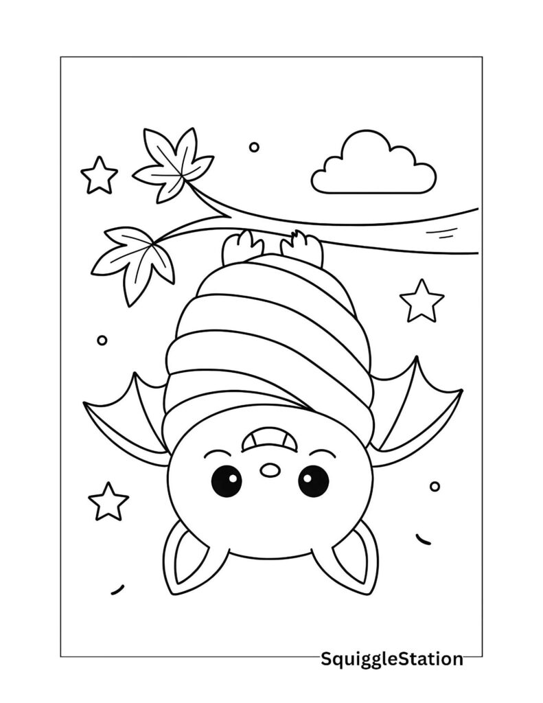 Free Printable Bat in Blanket Halloween Coloring Page (PDF Download) 2 Free printable Bat in Blanket Halloween coloring page – kawaii bat wrapped in a blanket hanging upside down, easy for kids to color.