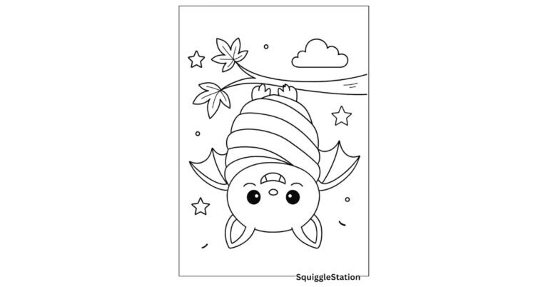 Free Bat in Blanket Halloween coloring page PDF – cartoon bat wrapped in a cozy blanket hanging upside down.