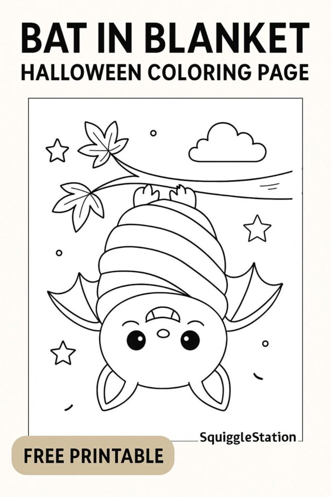 Free Printable Bat in Blanket Halloween Coloring Page (PDF Download) 3 Free printable Bat in Blanket Halloween coloring page – cute kawaii bat wrapped in a blanket, perfect for toddlers and preschoolers.