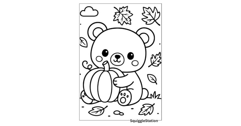 Cute bear holding a pumpkin with autumn leaves – free printable fall coloring page