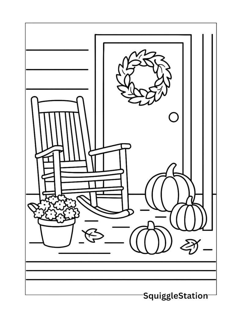 Country Porch in Fall Coloring Page featuring pumpkins, rocking chair, and autumn wreath – part of Cozy Fall Scenes Coloring Pages roundup.