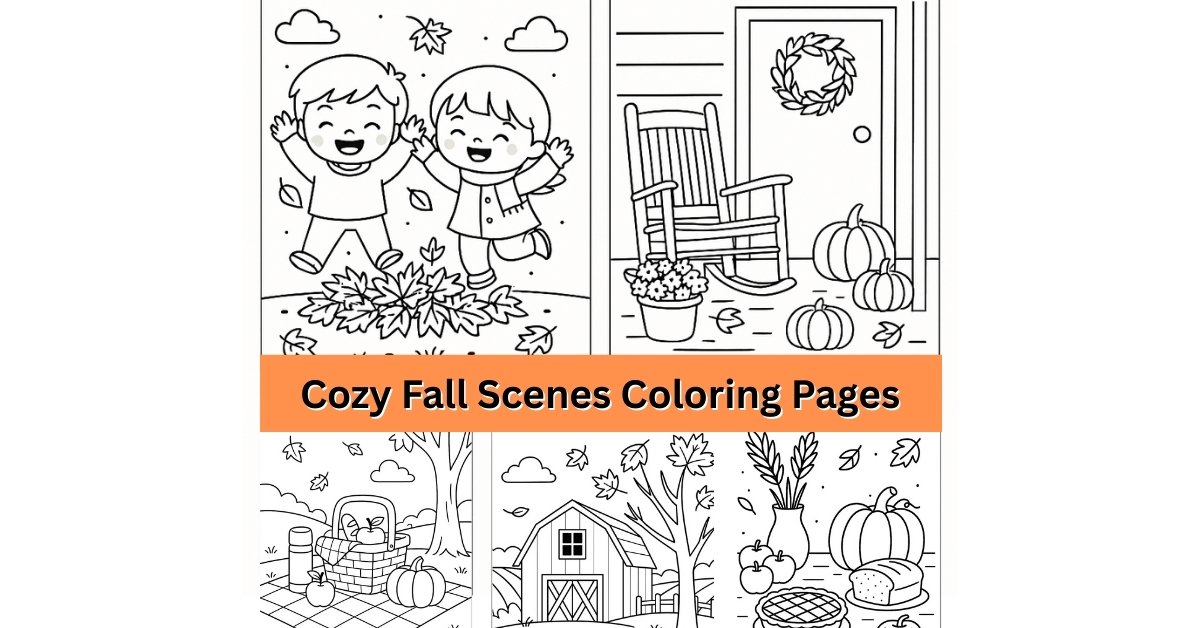 Cozy Fall Scenes Coloring Pages roundup featuring harvest table, barn, porch, picnic, and kids playing in leaves.