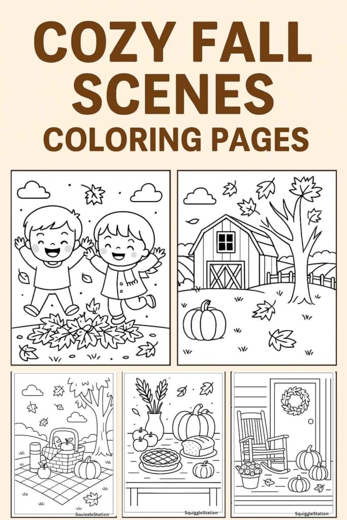 Free Cozy Fall Scenes Coloring Pages roundup with harvest table, kids jumping in leaves, barn, picnic, and porch – printable autumn fun.