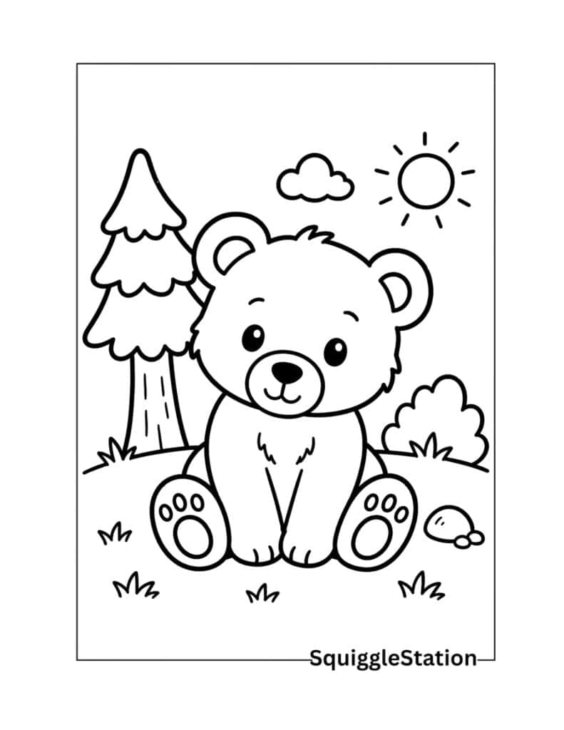 Cute Bear Coloring Pages (Free Woodland Printables) 2 Cute baby bear coloring page in a simple woodland scene