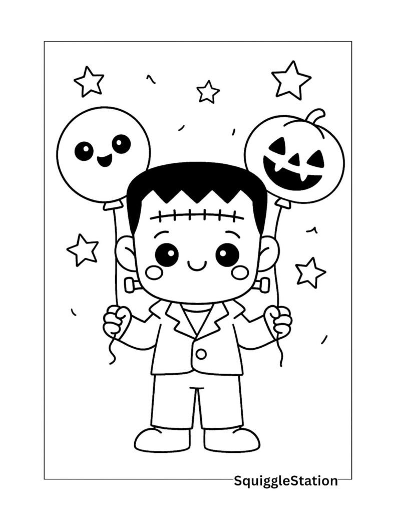 Preview of free printable Frankenstein coloring page with ghost and pumpkin balloons – cute Halloween coloring sheet for kids