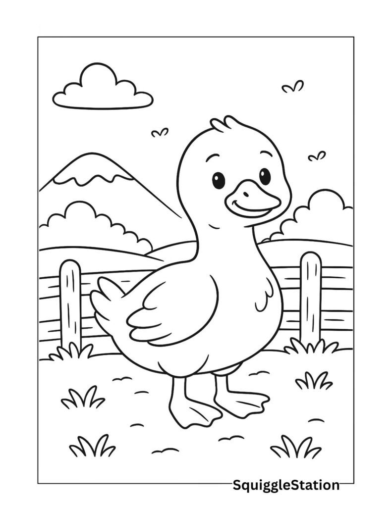 Cute goose coloring page for kids – simple farm goose with bold outlines, hills, grass, fence, and clouds, free printable