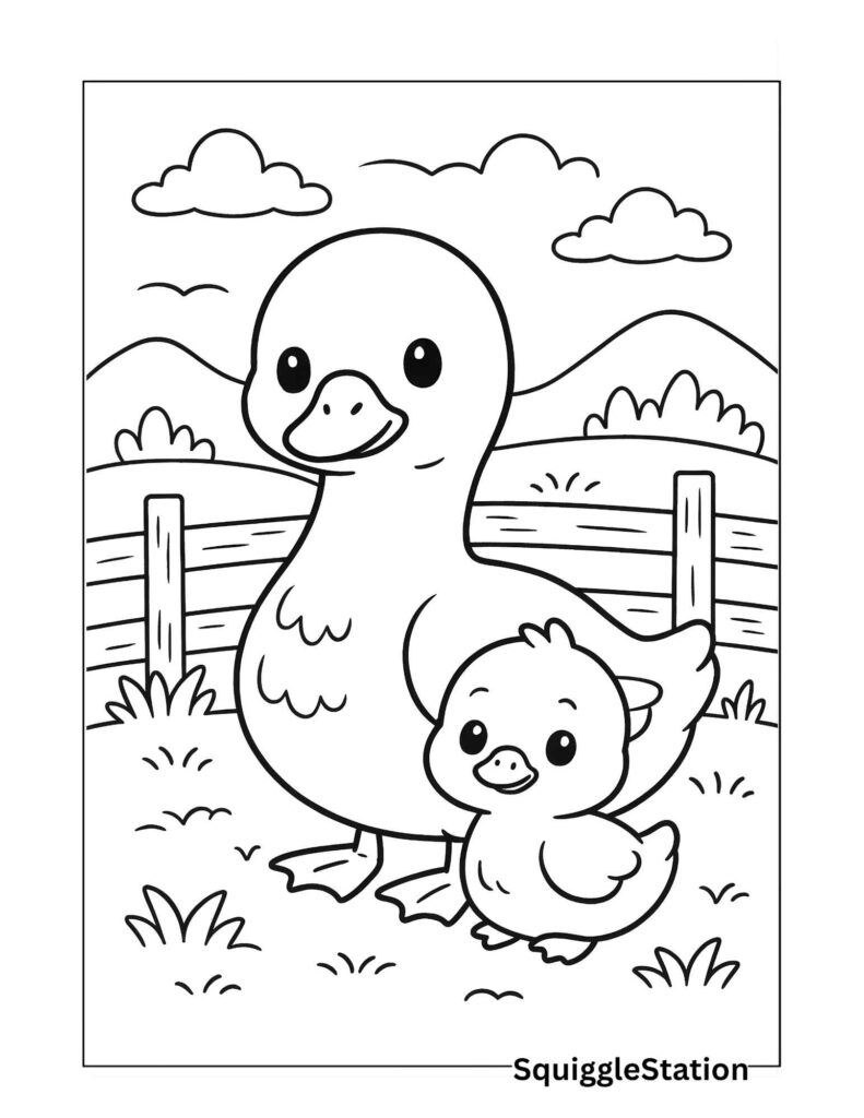 Cute two geese coloring page for kids – simple farm birds with bold outlines, easy printable scene with hills, grass, and clouds