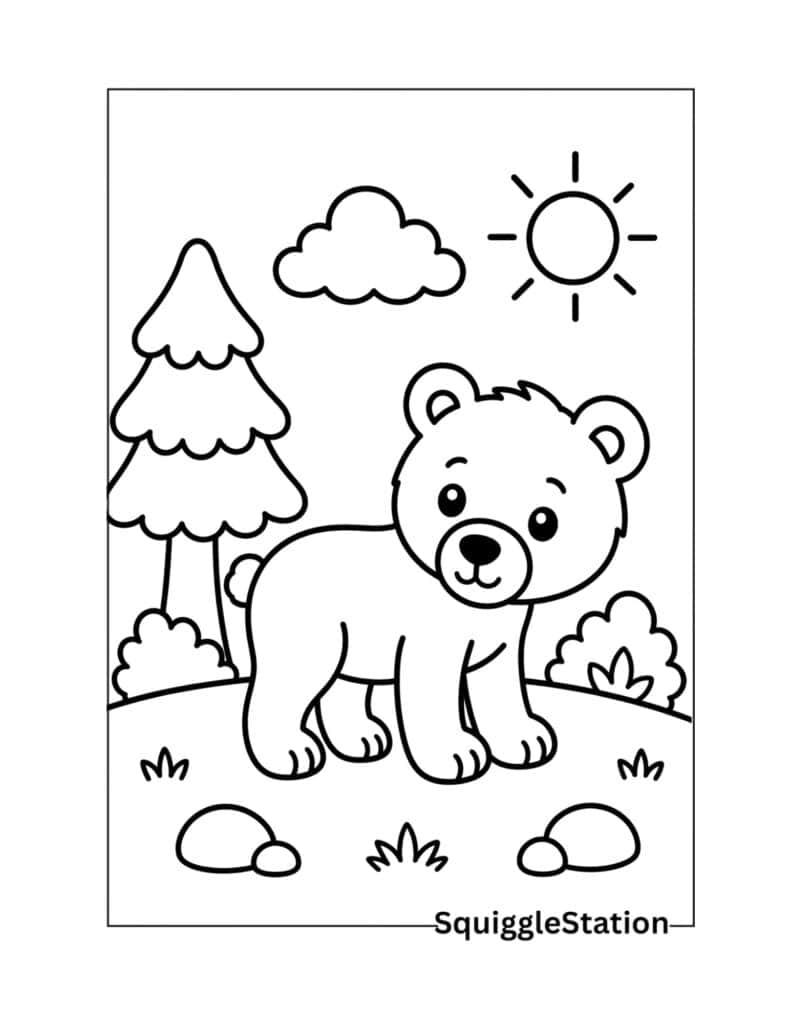 Cute Bear Coloring Pages (Free Woodland Printables) 3 Easy bear coloring page for kids in a simple woodland scene