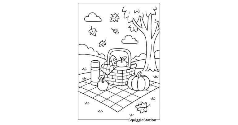 Fall picnic coloring page featuring blanket, basket of treats, and pumpkins – free printable.