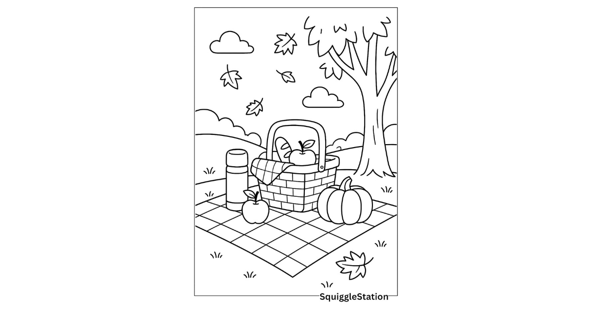 Fall picnic coloring page featuring blanket, basket of treats, and pumpkins – free printable.