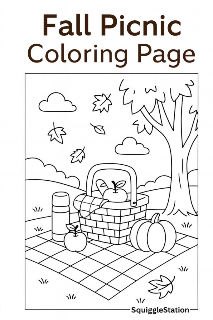 Free printable Fall Picnic Coloring Page with cozy blanket, basket, and pumpkins – fun autumn activity.