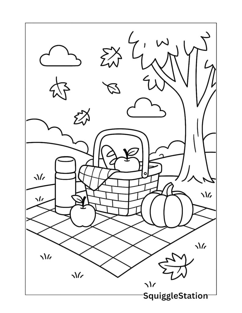Fall Picnic Coloring Page with picnic blanket, basket, and pumpkins – included in Cozy Fall Scenes Coloring Pages roundup.