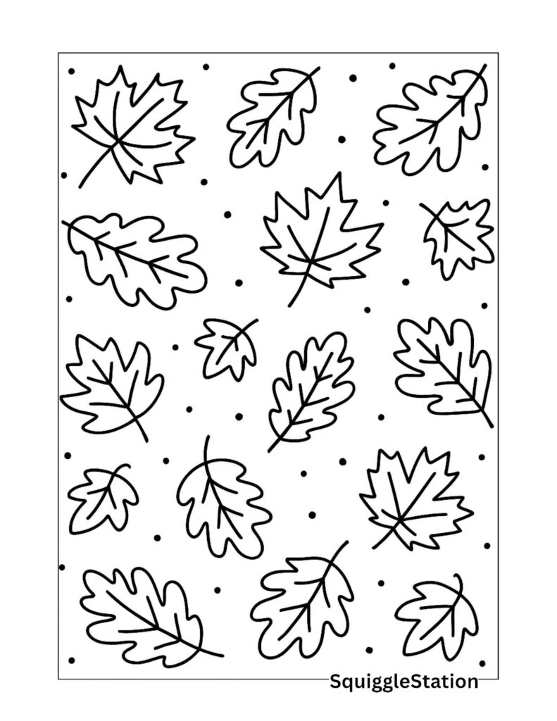 Falling Leaves Border Coloring Page included in Autumn Leaves and Pumpkins roundup – printable fall leaf border design.