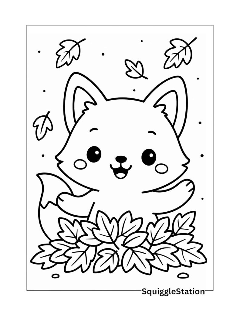 Cute fox sitting in a pile of autumn leaves free printable coloring page