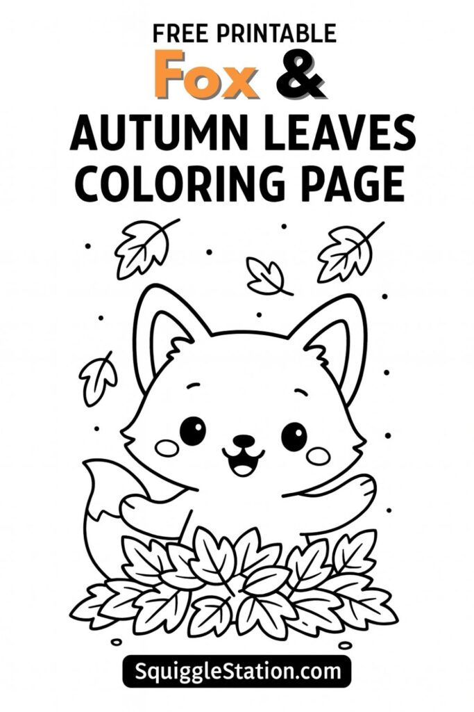Free printable fox in a pile of autumn leaves coloring page for kids