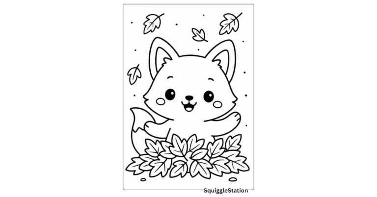 preview of a cute fox in a pile of leaves coloring page