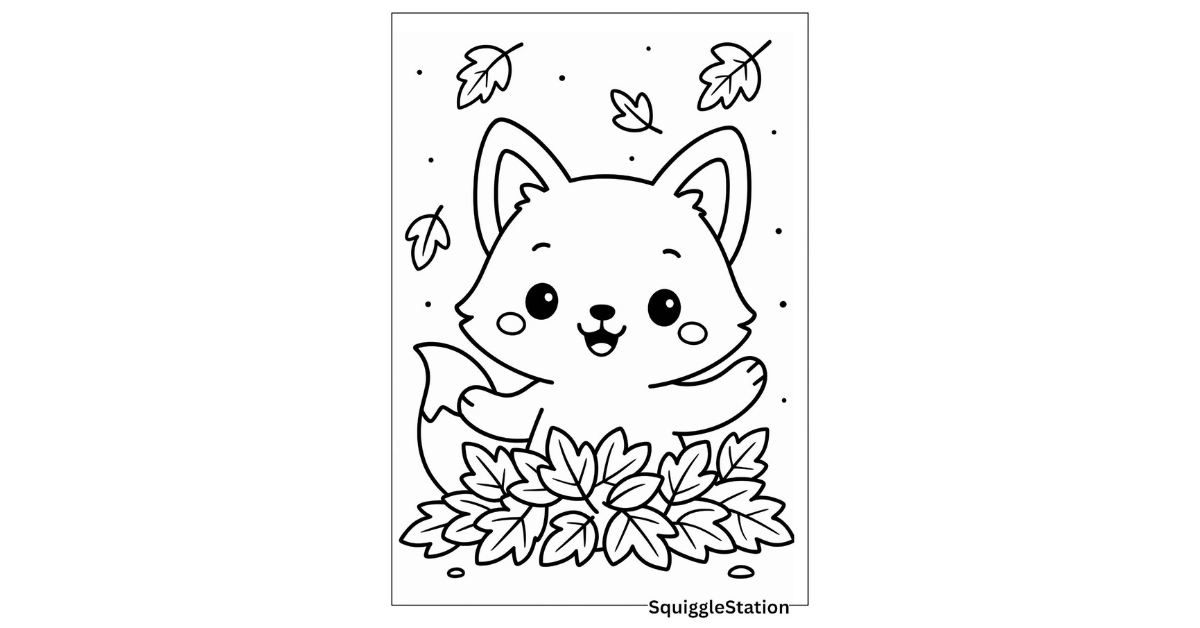 preview of a cute fox in a pile of leaves coloring page