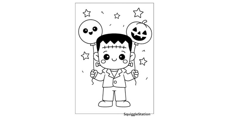 Smiling Frankenstein coloring page with Halloween balloons — free printable
