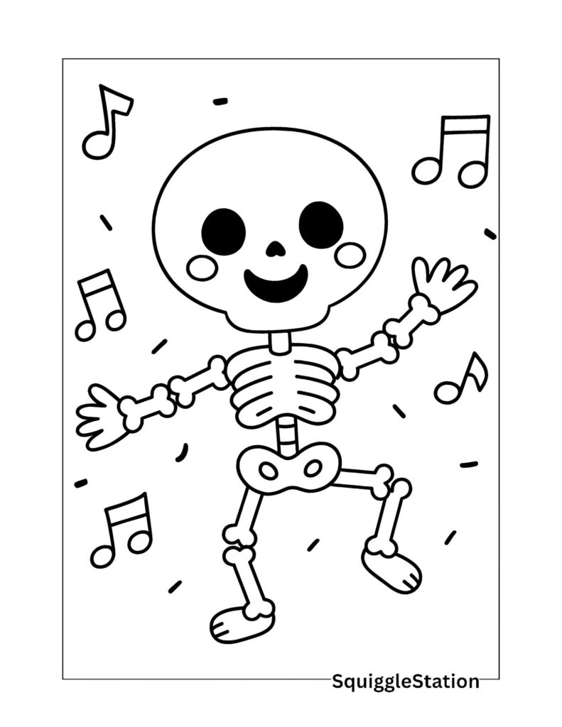Free printable happy skeleton dancing coloring page for kids with musical notes
