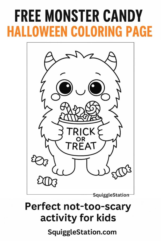 Free printable Halloween monster coloring page with trick-or-treat candy – perfect not-too-scary activity for kids


