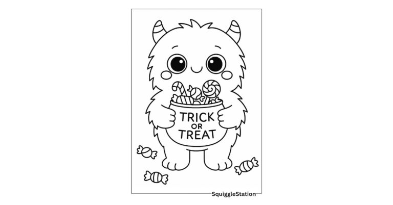 Free printable monster coloring page holding trick-or-treat candy – cute Halloween design for kids