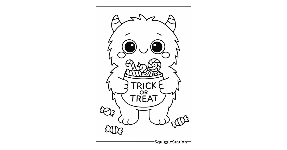 Free printable monster coloring page holding trick-or-treat candy – cute Halloween design for kids