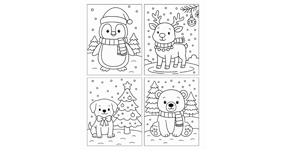 Free printable Christmas animal coloring pages for kids featuring cute reindeer, penguins, puppies, owls, and polar bears in winter holiday scenes.