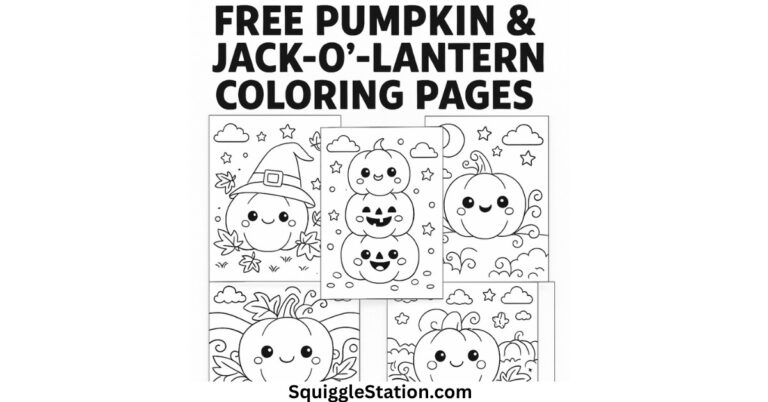 Preview collage of five cute pumpkin and jack-o’-lantern coloring pages for Halloween with kawaii designs