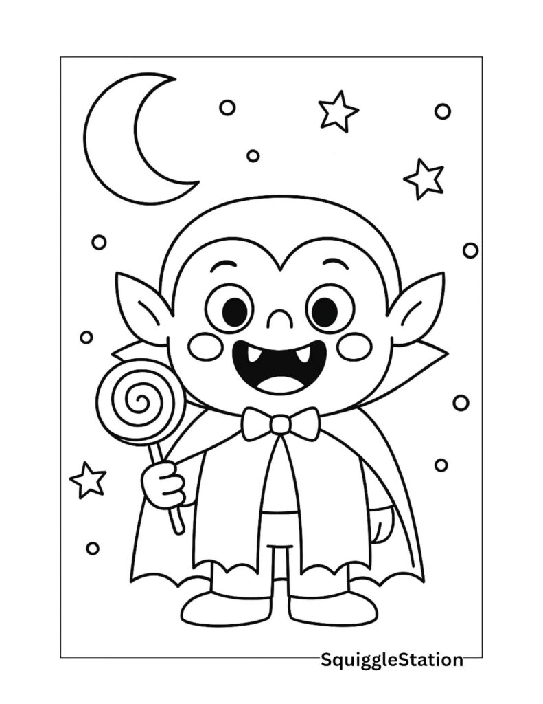 Cute cartoon vampire coloring page holding a swirly lollipop under a starry Halloween sky – free printable for kids