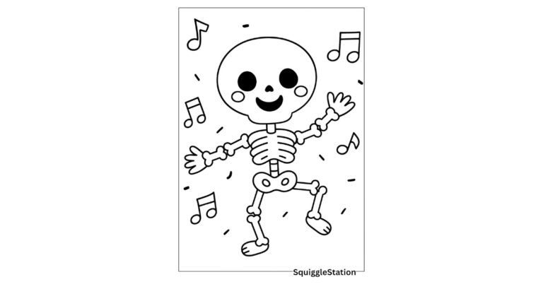 Free printable happy skeleton dancing coloring page with cute skeleton doing a silly dance and musical notes — perfect for kids’ Halloween coloring fun.