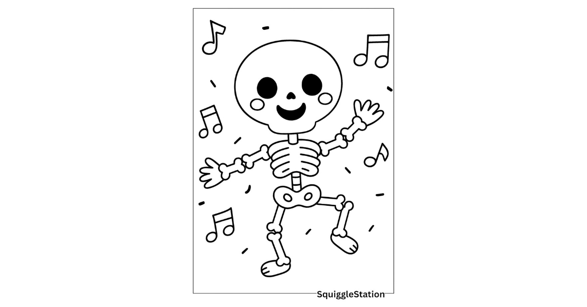 Free printable happy skeleton dancing coloring page with cute skeleton doing a silly dance and musical notes — perfect for kids’ Halloween coloring fun.