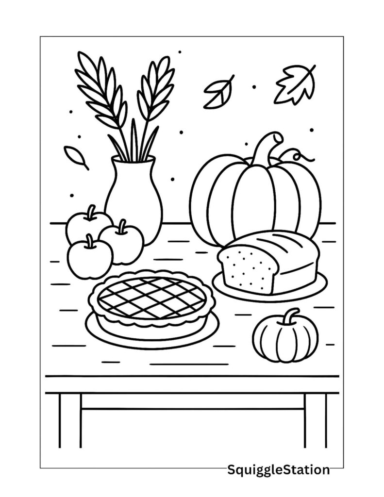 Harvest Table Coloring Page with fall foods and wheat centerpiece – included in Cozy Fall Scenes Coloring Pages roundup.