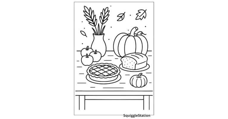 Black and white line art Harvest Table Coloring Page featuring pie, homemade bread, apples, and a wheat vase.
