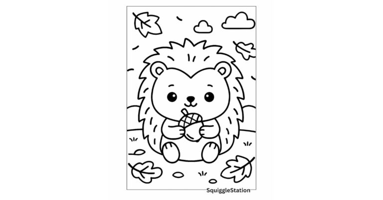 Kawaii hedgehog holding an acorn coloring page for kids