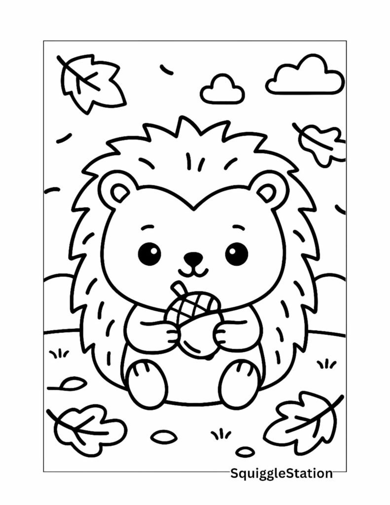 Kawaii hedgehog holding an acorn surrounded by autumn leaves, free printable fall animal coloring page for kids