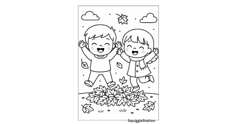 Kids having fun jumping in a pile of fall leaves coloring sheet
