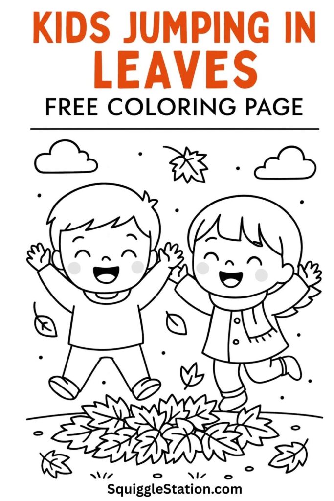 Free printable fall coloring page of children playing in leaves
