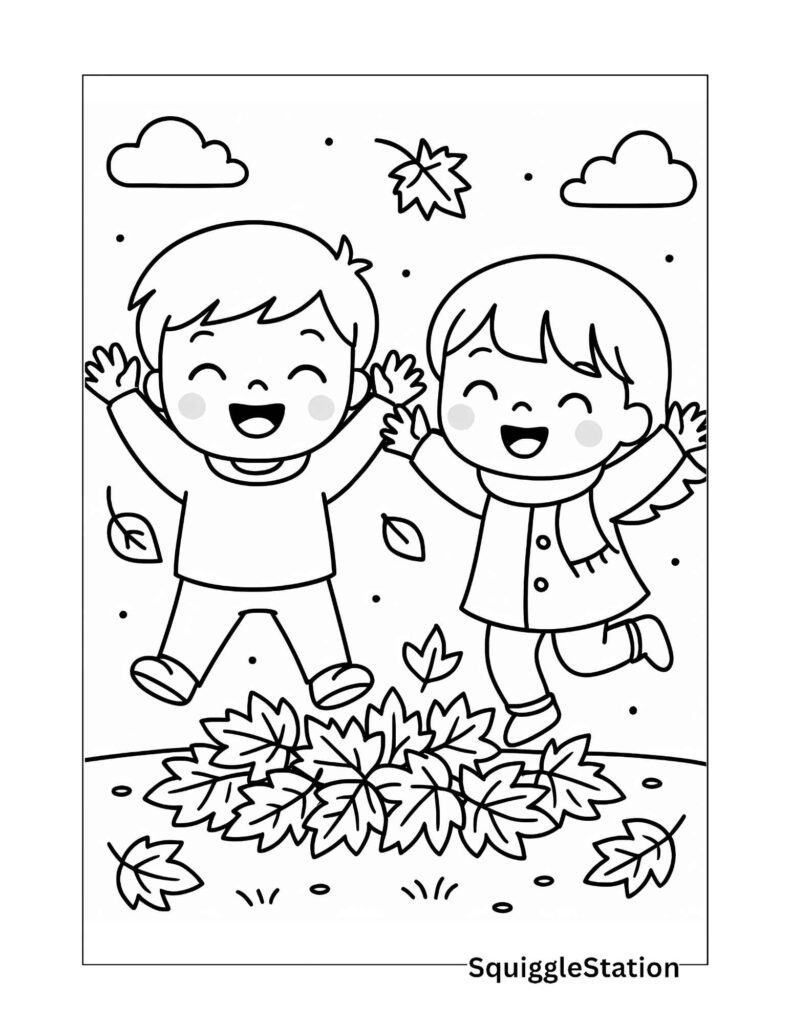 Printable kids in leaves coloring page for autumn fun