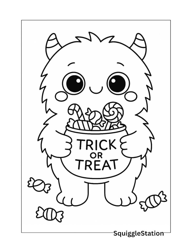 Preview of a free printable monster with trick or treat candy coloring page for toddlers – perfect for spooky but not-too-scary Halloween fun