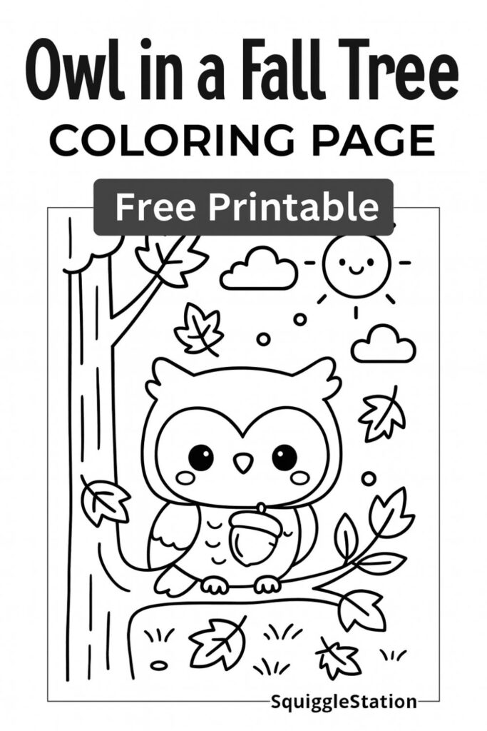 Free printable owl in a fall tree coloring page – cute autumn animal art for kids and adults