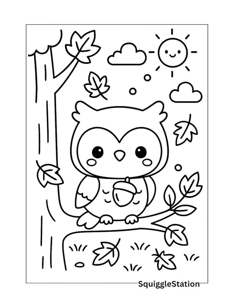 Cute owl perched in a fall tree with autumn leaves – free printable coloring page