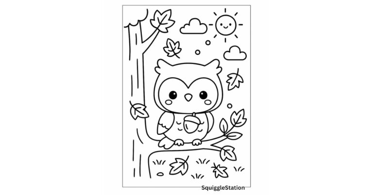 Cute owl perched in a fall tree with autumn leaves – free printable coloring page
