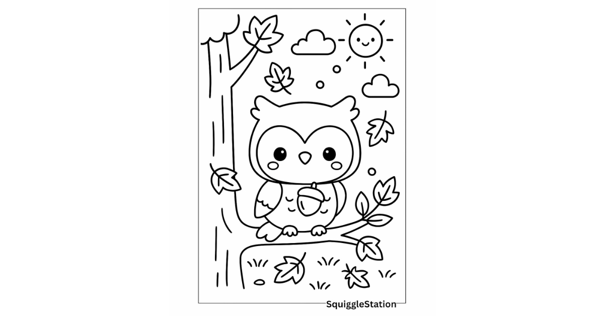 Cute owl perched in a fall tree with autumn leaves – free printable coloring page