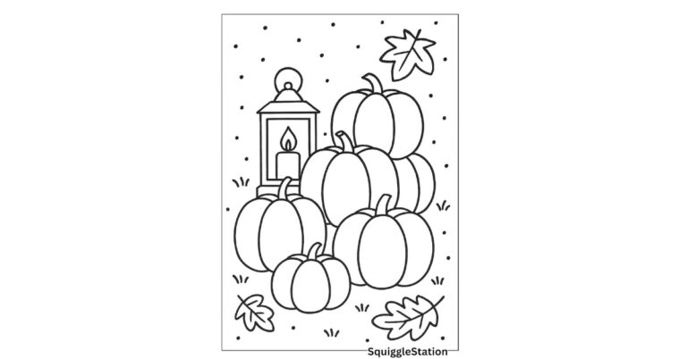 Free Pumpkin and Lantern Display Coloring Page – cozy fall printable with stacked pumpkins and glowing lantern.