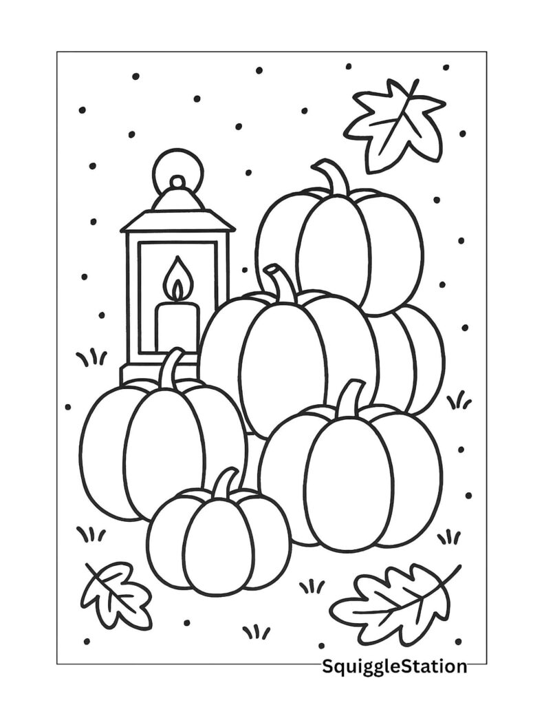 Pumpkin and Lantern Display Coloring Page included in Autumn Leaves and Pumpkins roundup – printable cozy fall design.